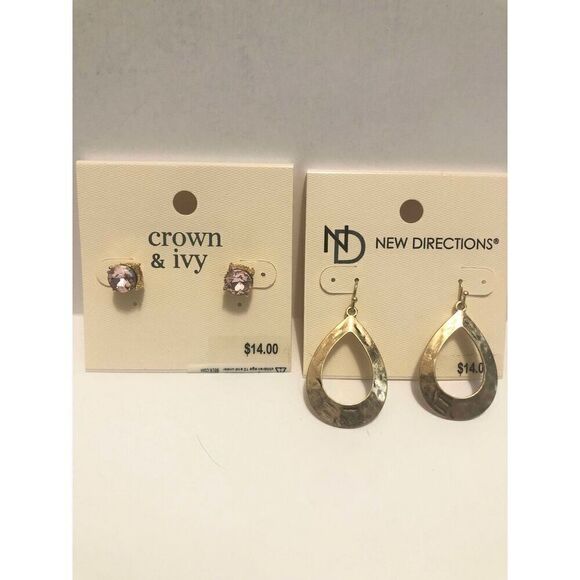 757 lot of 2 Earrings Crown & Ivy/ new direction goldtone teardrop pink stud new - Picture 1 of 1